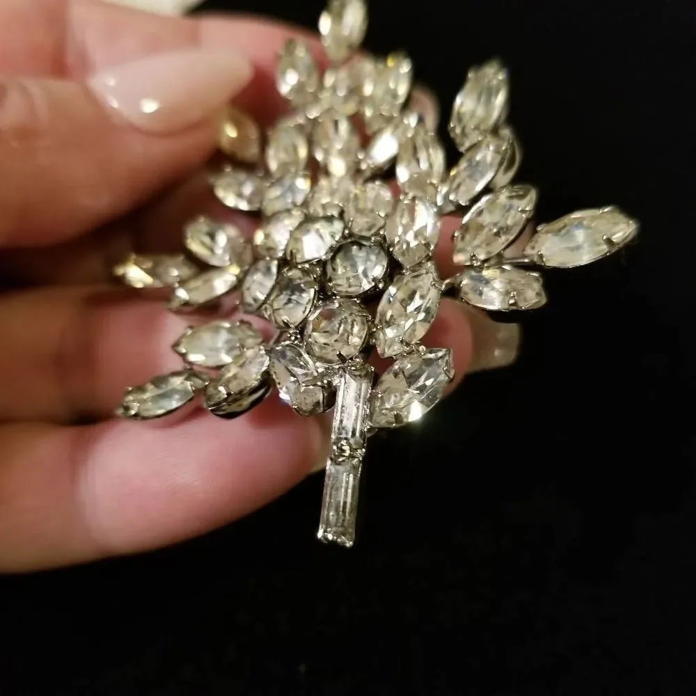 Vintage Clear Rhinestone Brooch Pin Leaf Cluster